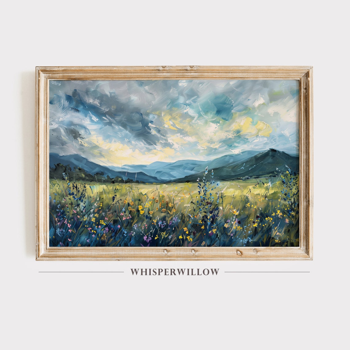 Wildflowers and Mountains Cool Blue Tones Oil Painting Poster