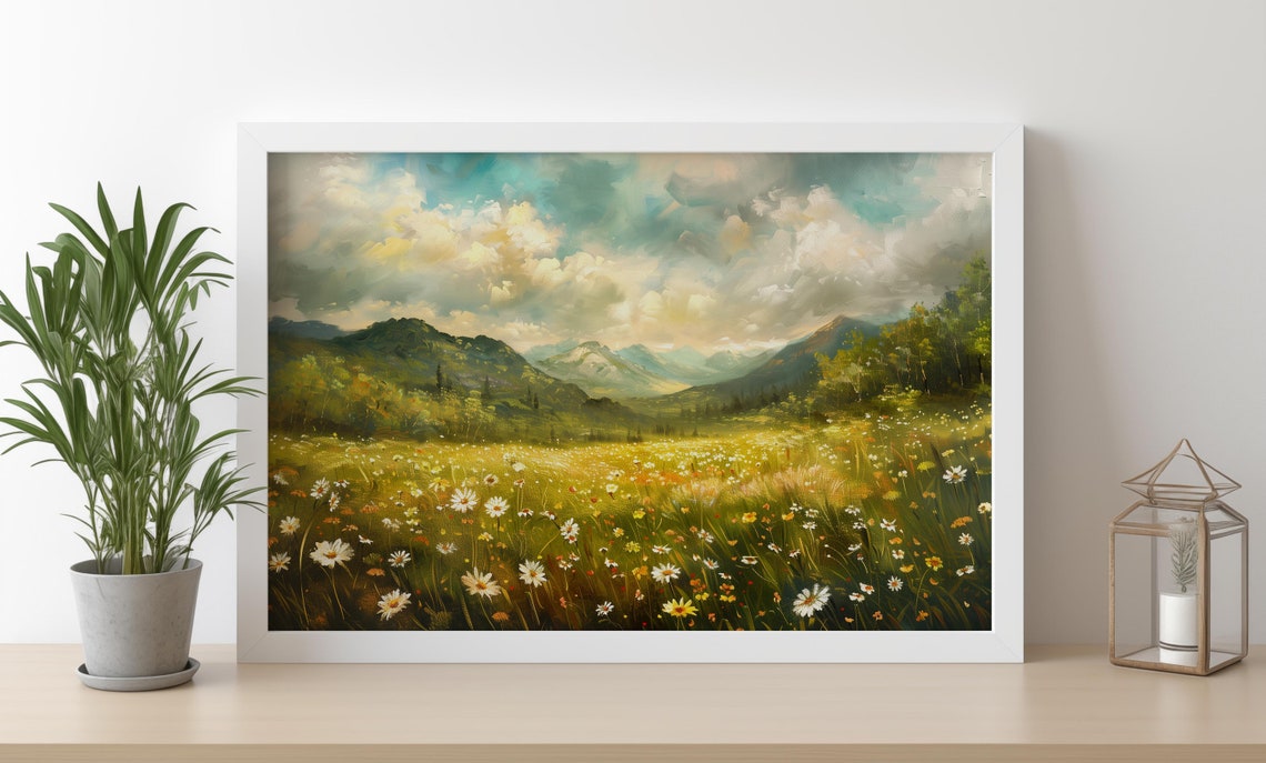 Daisy Wildflower Meadow With Mountains Bright Summer Scene Poster - Image 2