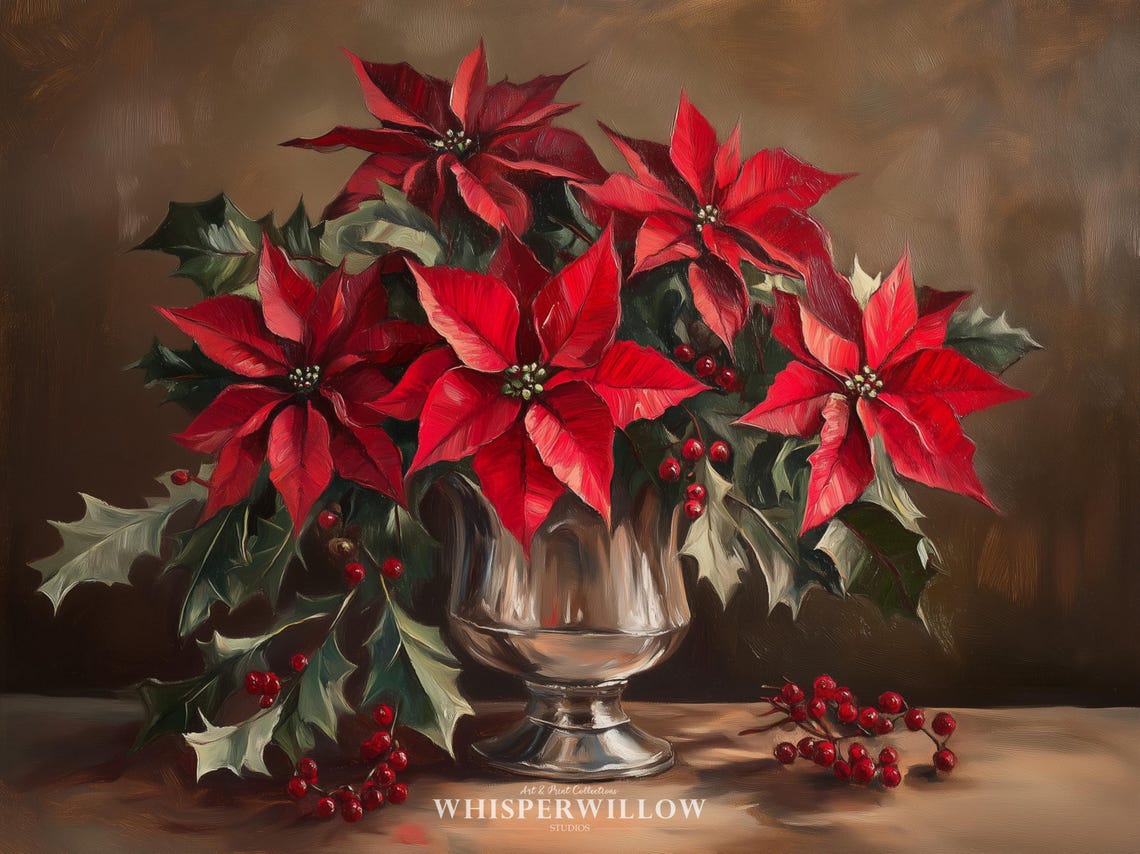 Vintage Red Poinsettia Still Life with Holly Berries Christmas Poster - Image 6