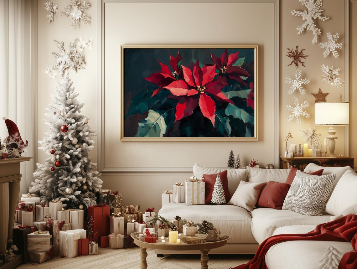 Bold Red Poinsettia Blooms Painterly Holiday Floral Art Poster - Image 3