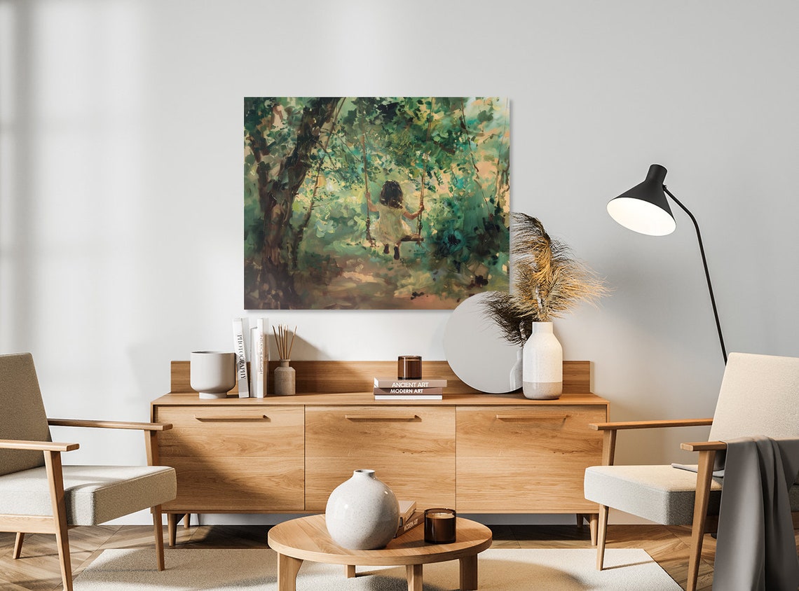 Little Girl on a Tree Swing in a Sunlit Forest Painting Poster - Image 5