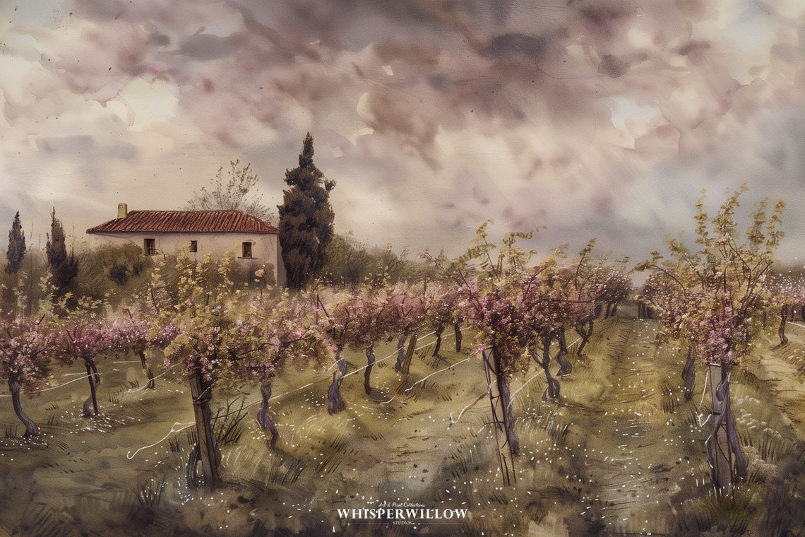 Rustic Italian Farmhouse with Vineyard Under a Stormy Sky Poster - Image 6