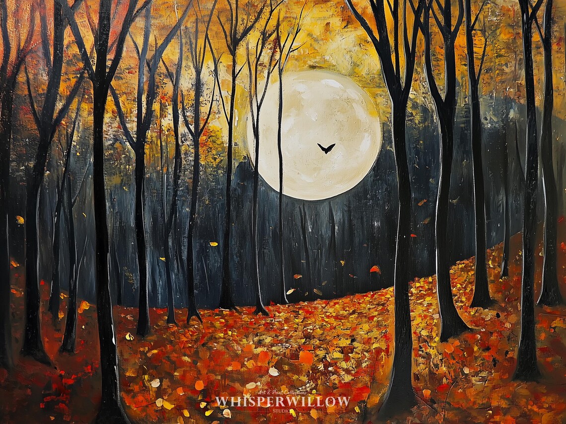 Autumn Forest Moonlight Painting Full Moon Dark Woodland Poster - Image 6