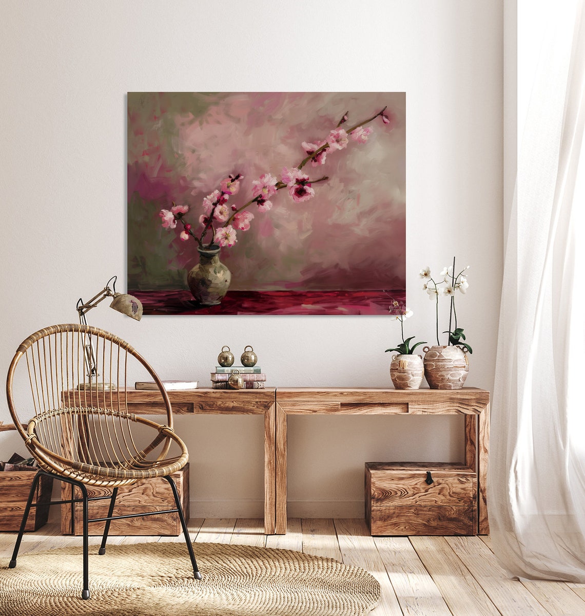 Pink Cherry Blossom Branch In Vase Soft Spring Oil Painting Poster - Image 2