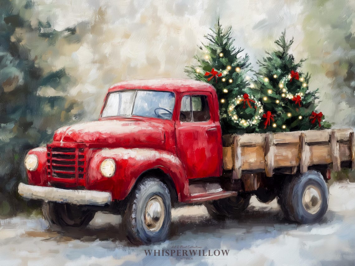 Vintage Red Truck Carrying Christmas Trees Through Snow Poster - Image 6
