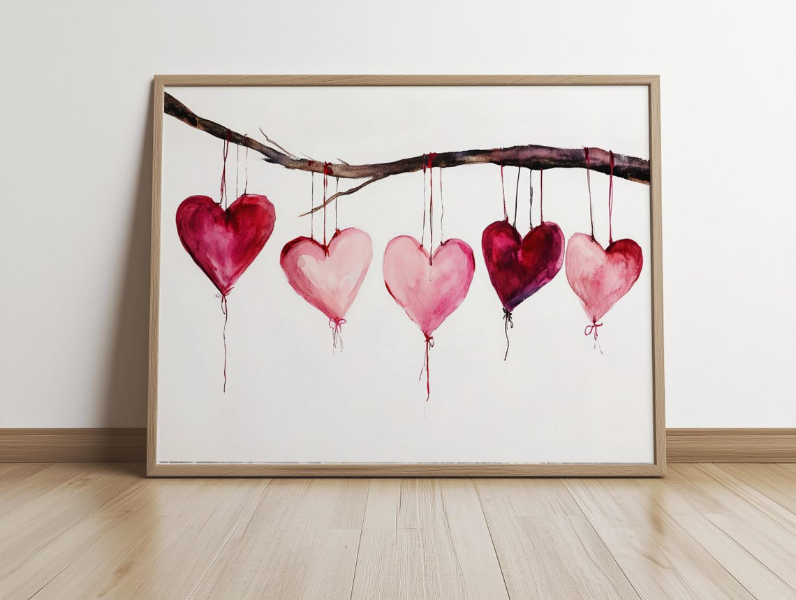Pink and Red Watercolor Heart Balloons Hanging on Branch Poster - Image 5
