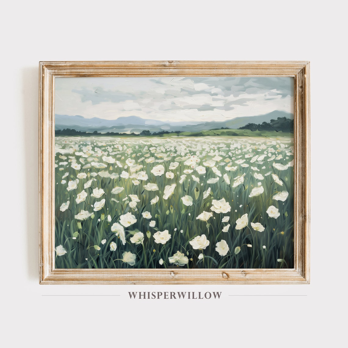 White Poppy Meadow With Distant Mountains Serene Landscape Poster