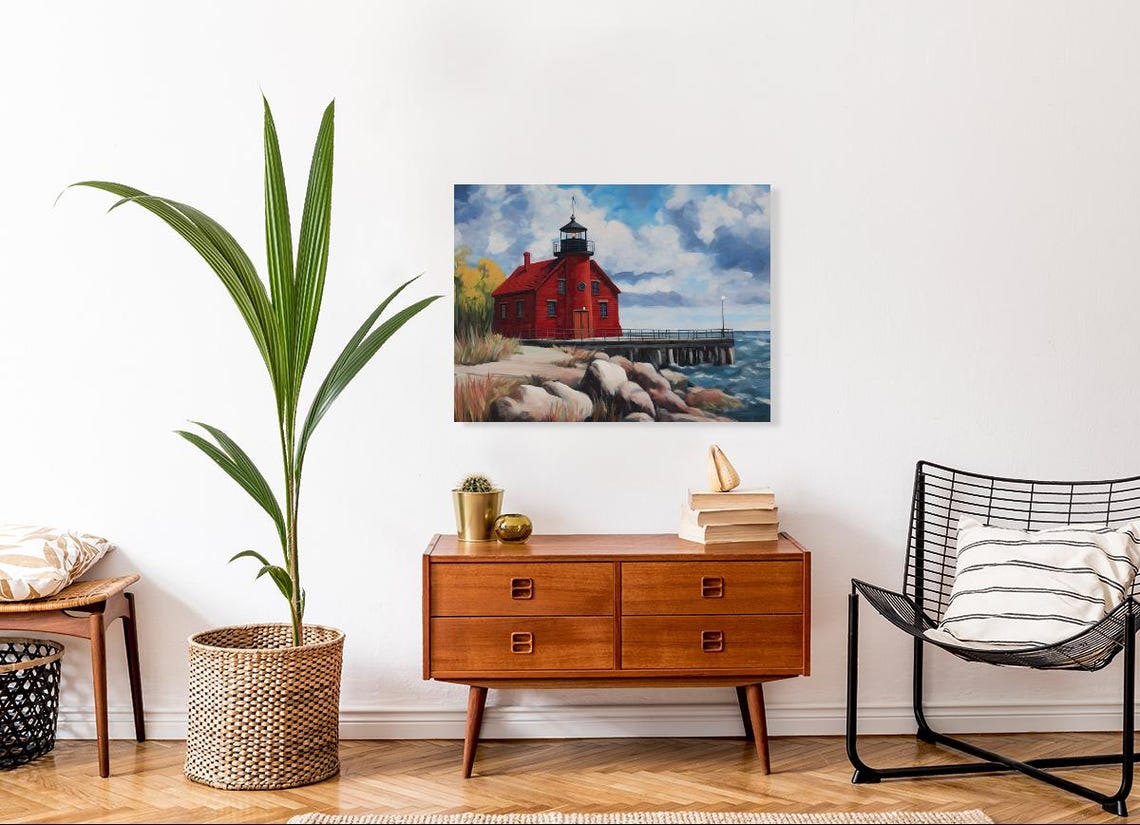 Red Lighthouse Coastal Landscape Painting Rocky Seashore Waves Poster - Image 3