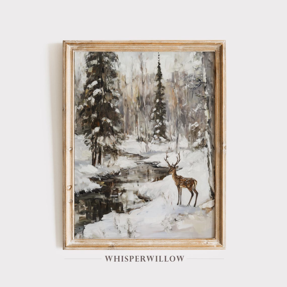 Winter Deer by Forest Stream in Snowy Pine Woods Painting Poster