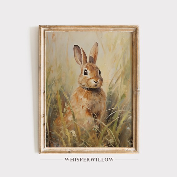Curious Spring Bunny Oil Painting Cute Easter Rabbit Wall Art