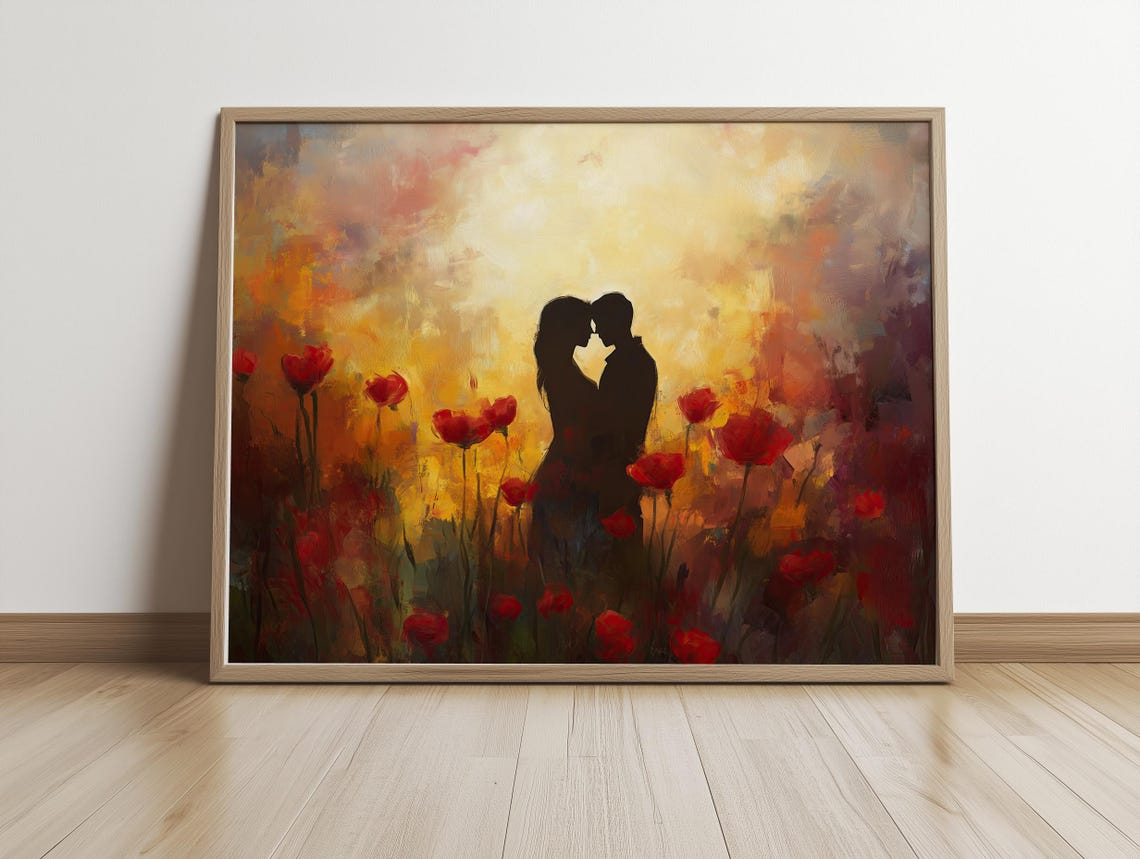 Couple Silhouette Kissing in a Red Poppy Field at Sunset Poster - Image 4