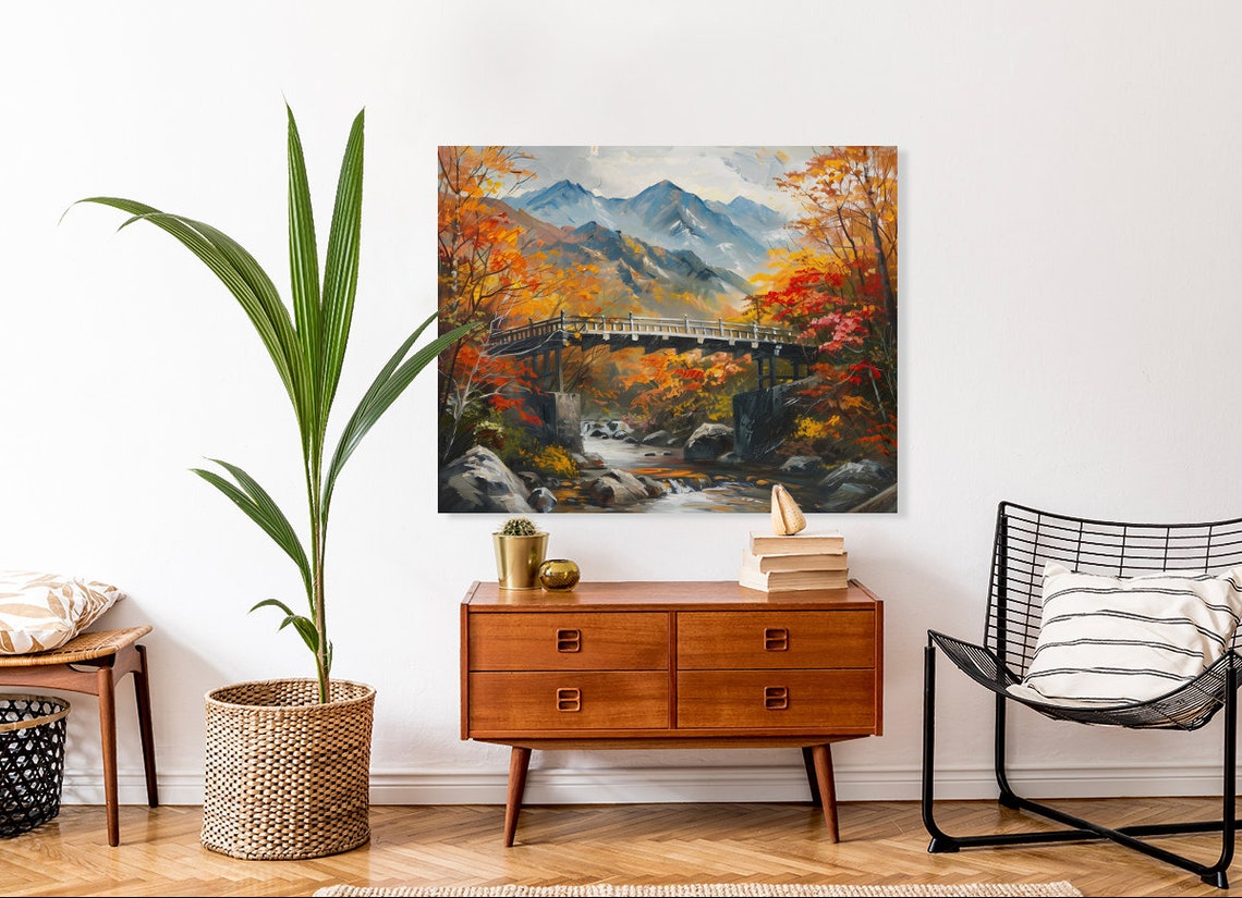 Bridge Mountain Landscape Painting Fall Colors River Scene Poster - Image 3