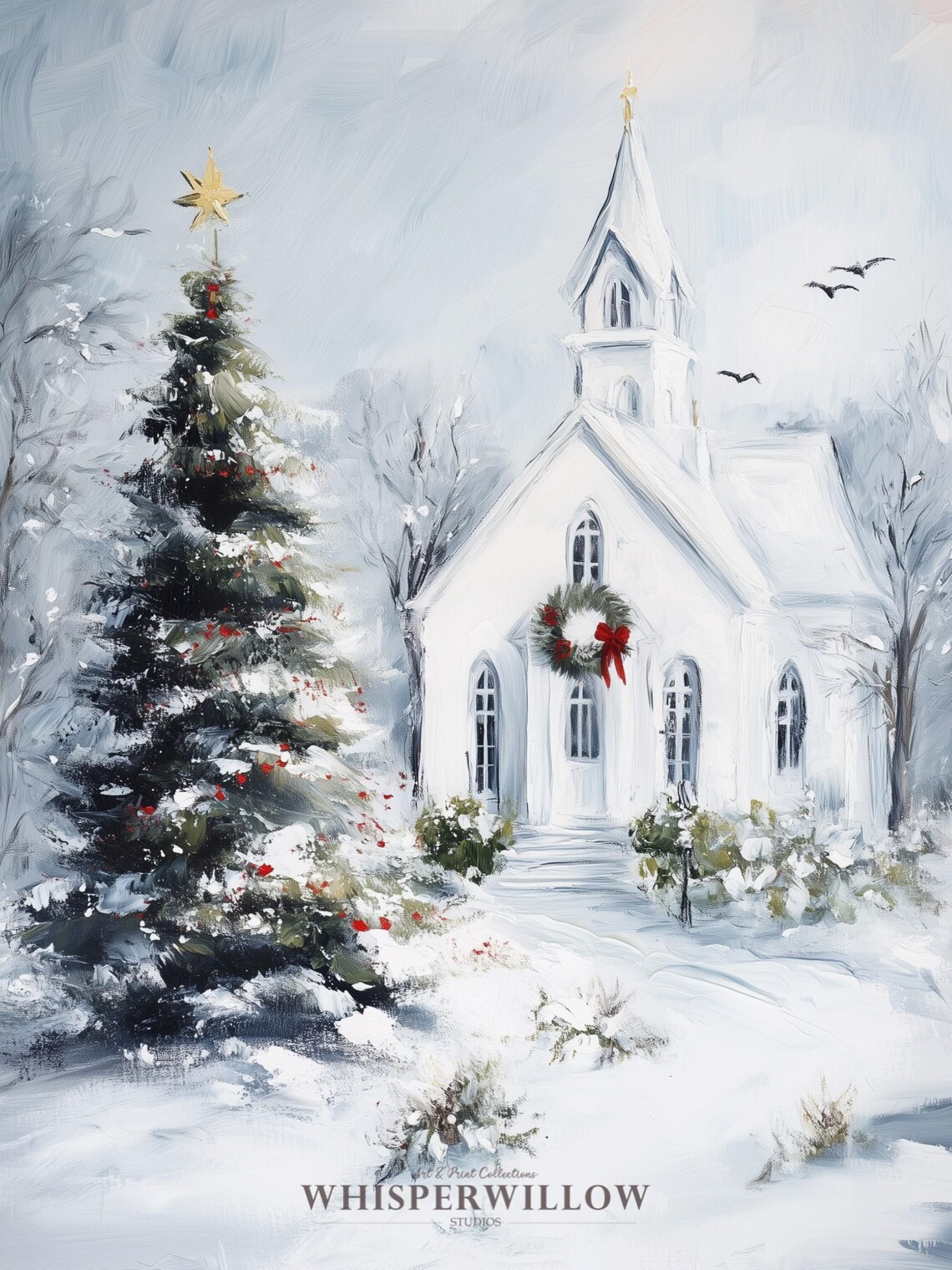 Snowy Christmas Church And Tree Holiday Art Print - Image 6