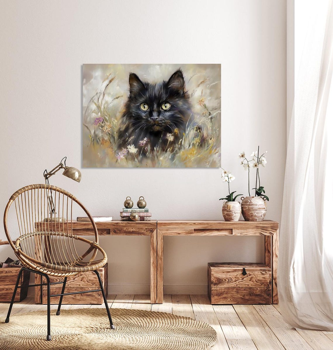Fluffy Black Cat Portrait Among Wildflowers Oil Painting Poster - Image 2