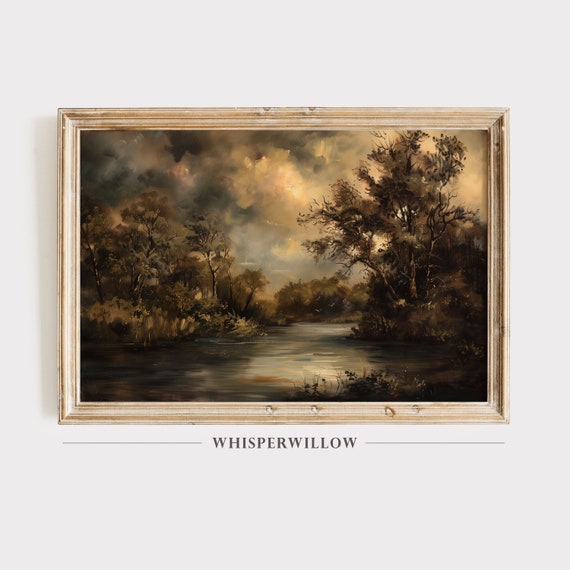Moody Vintage River Oil Painting Print Scenic Outdoors River Trees With Sunlight Wall Decor Instant Print