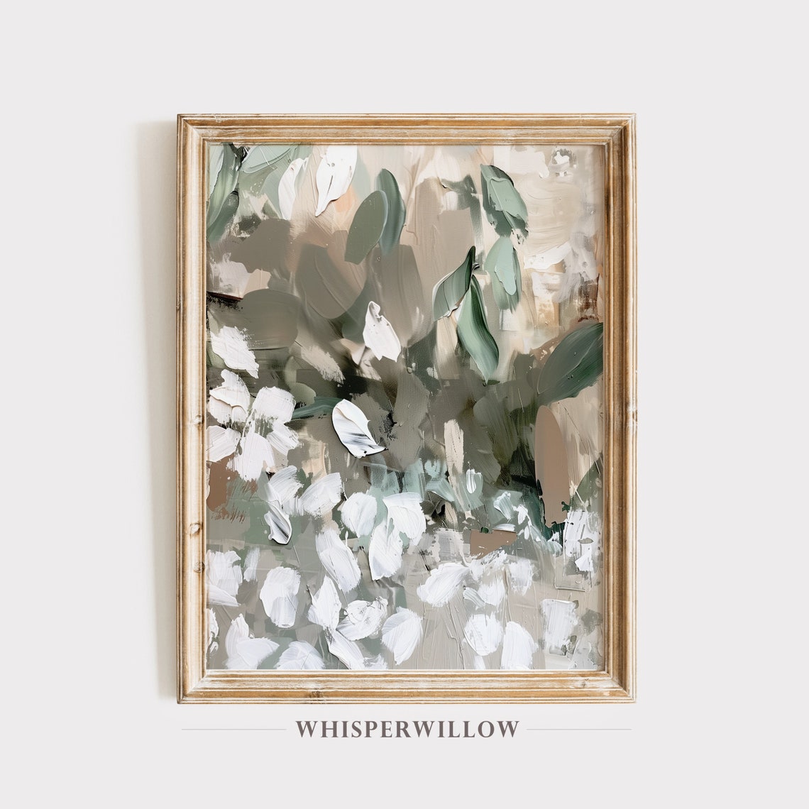 Abstract White Blossoms In Sage And Beige Modern Floral Art Poster