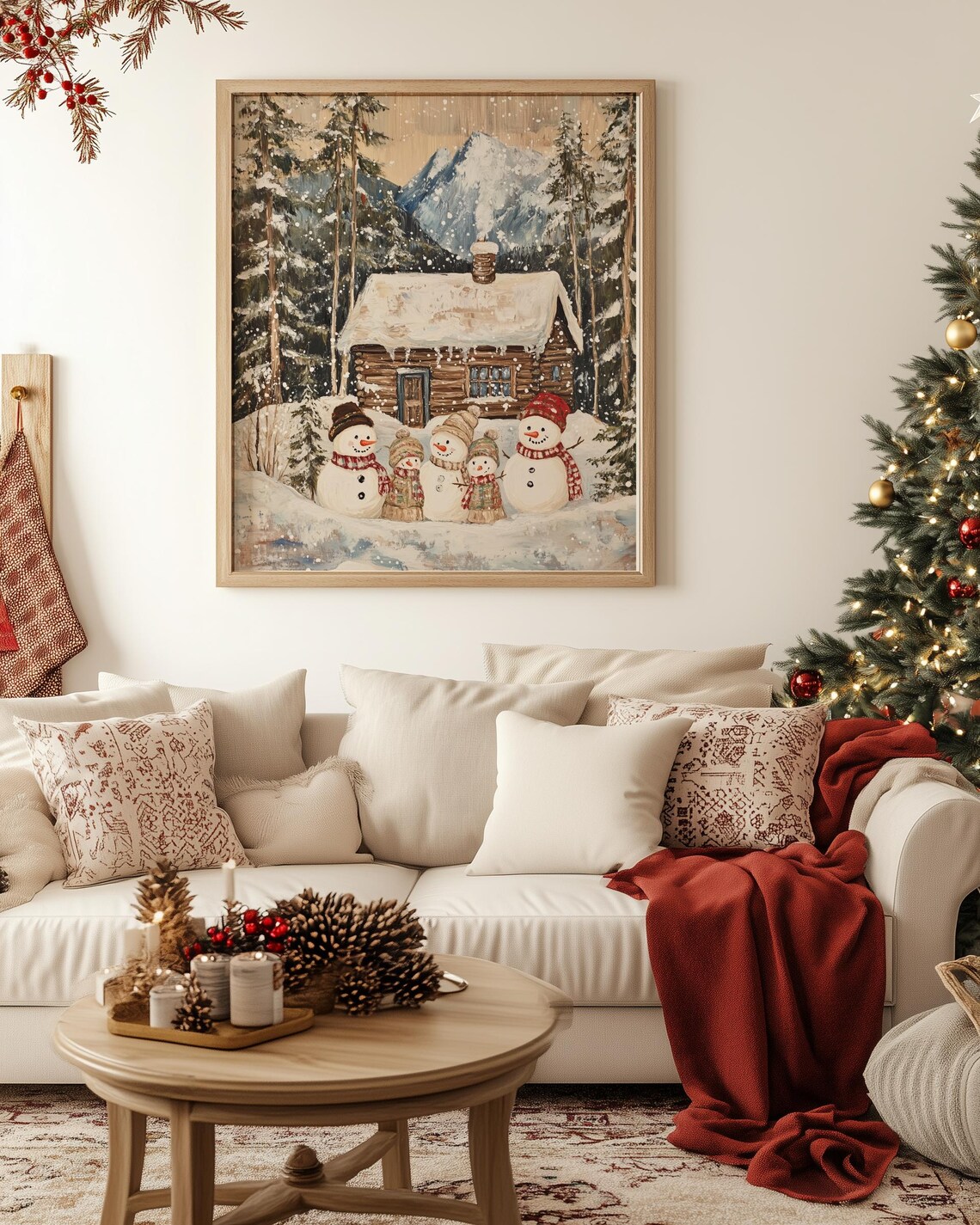 Winter Cabin Snowman Family Art Print, Holiday Landscape - Image 2