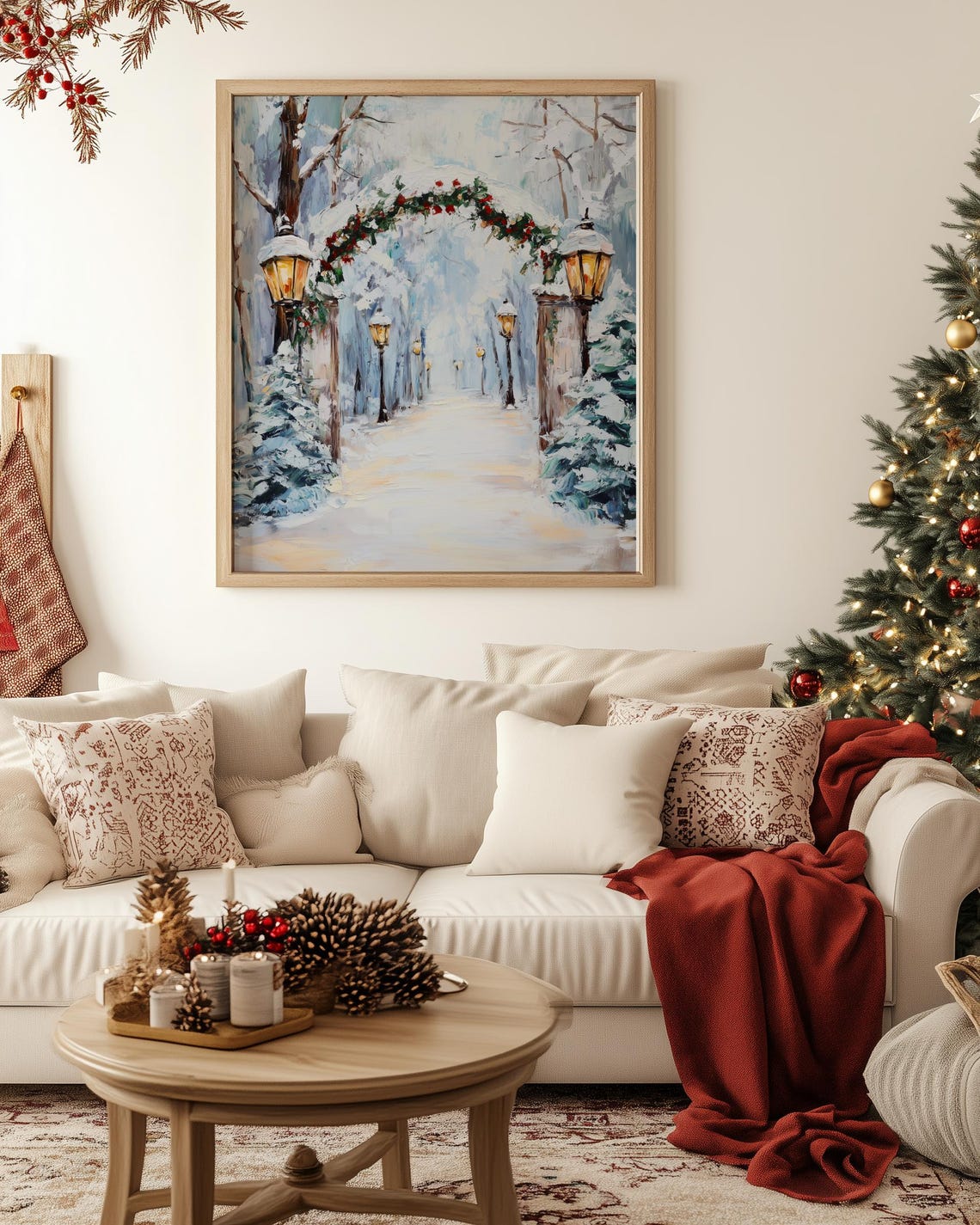 Snowy Winter Path with Lanterns and Garland Arch Christmas Poster - Image 2