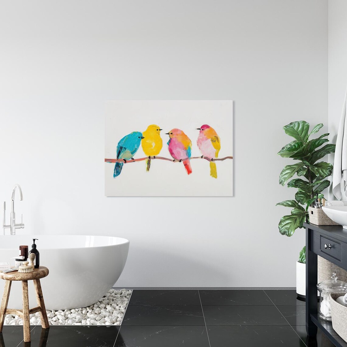 Colorful Birds On Branch Landscape, Wildlife Art Print - Image 2