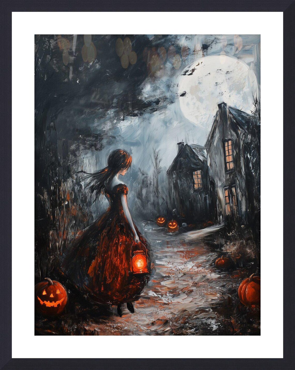 Haunted Night Walk Girl Lantern Pumpkins Halloween Painting Poster - Image 2