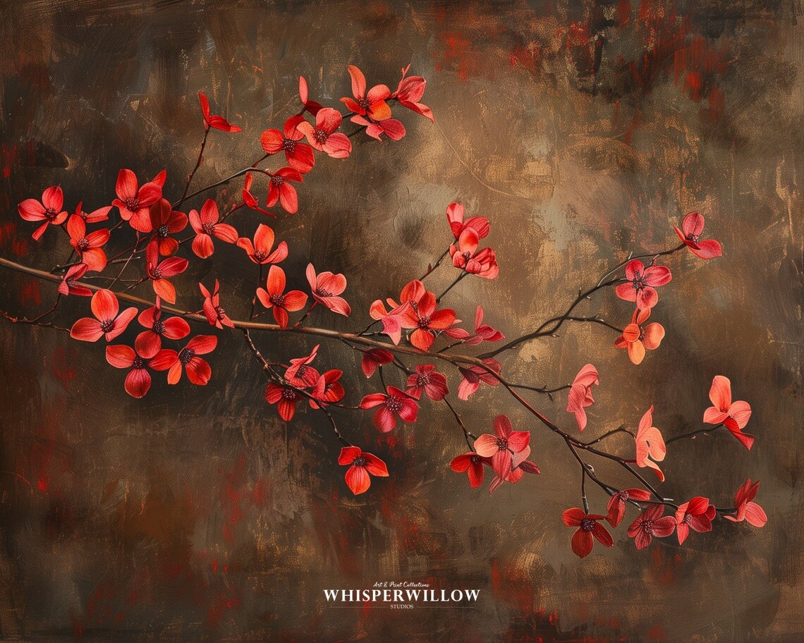 Scarlet Red Dogwood Blossoms Dark Moody Botanical Painting Poster - Image 6
