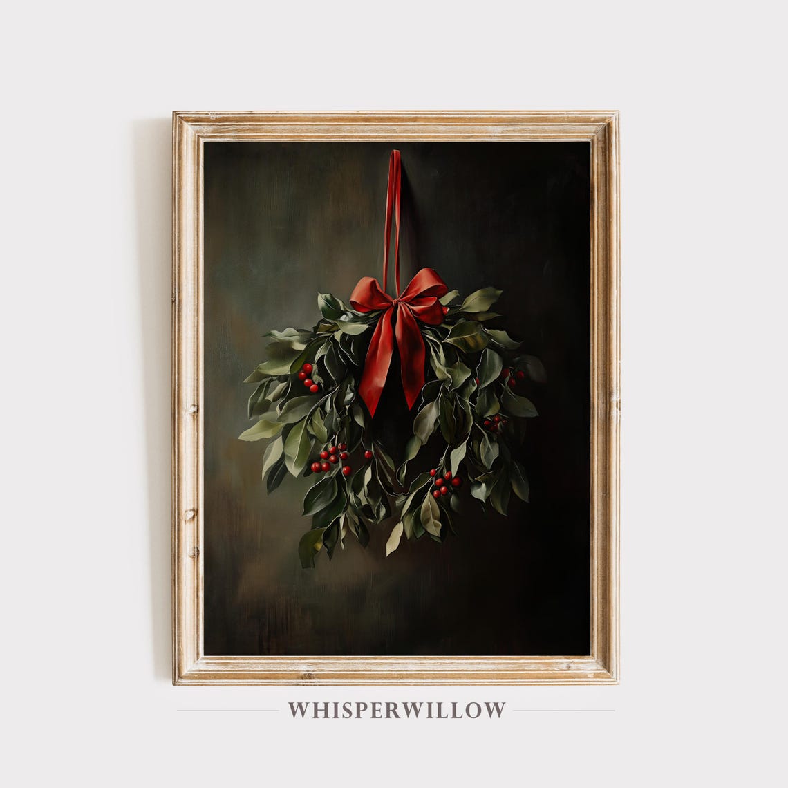 Moody Dark Christmas Wreath with Red Ribbon Vintage Style Poster