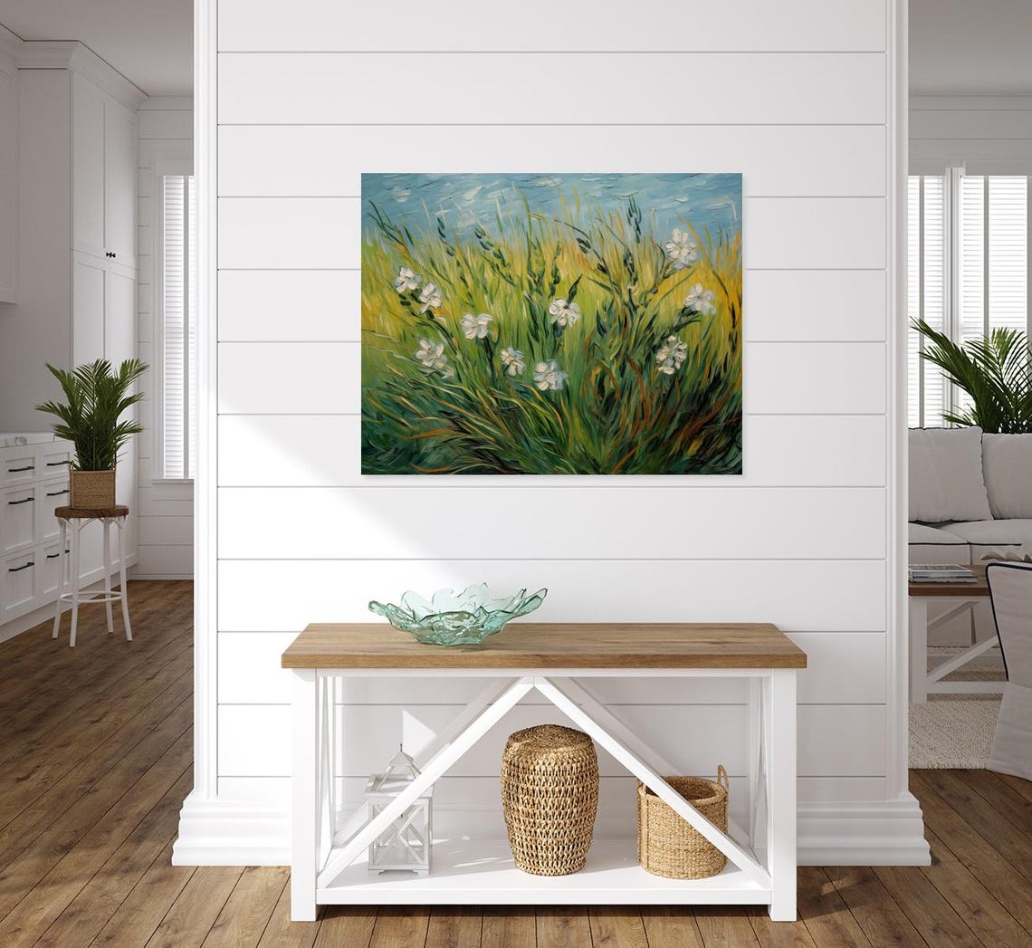 White Wildflowers Wheat Field Van Gogh Style Impressionist Poster - Image 5