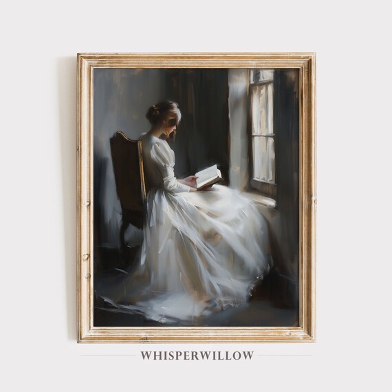 Woman Reading By Window In White Gown Vintage Oil Painting Poster