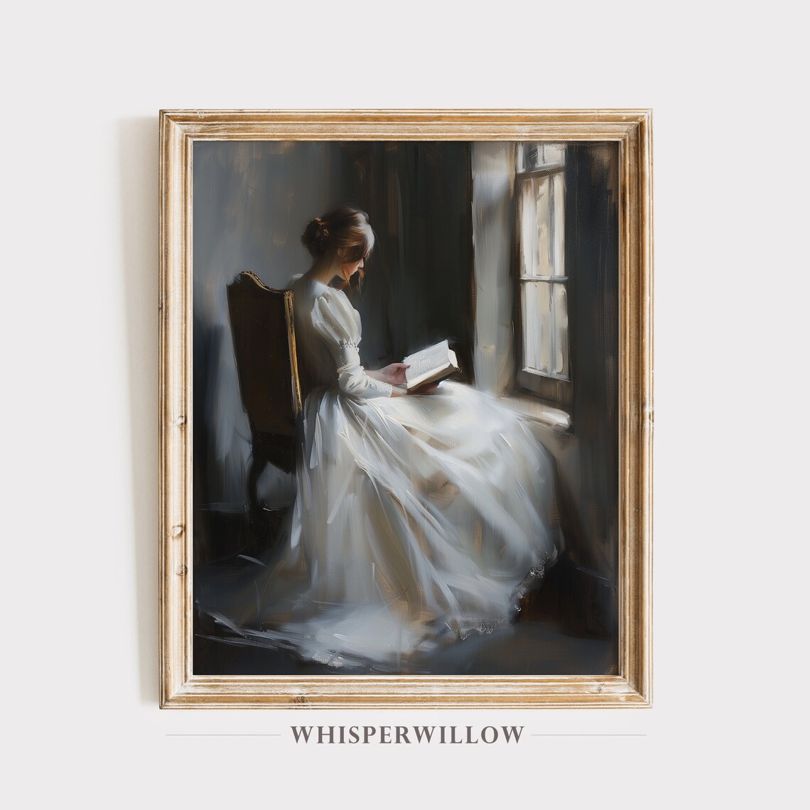 Woman Reading By Window In White Gown Vintage Oil Painting Poster