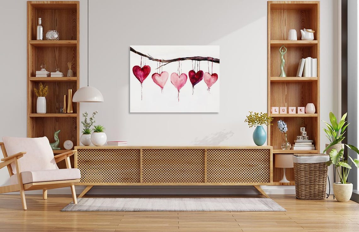 Pink and Red Watercolor Heart Balloons Hanging on Branch Poster - Image 2