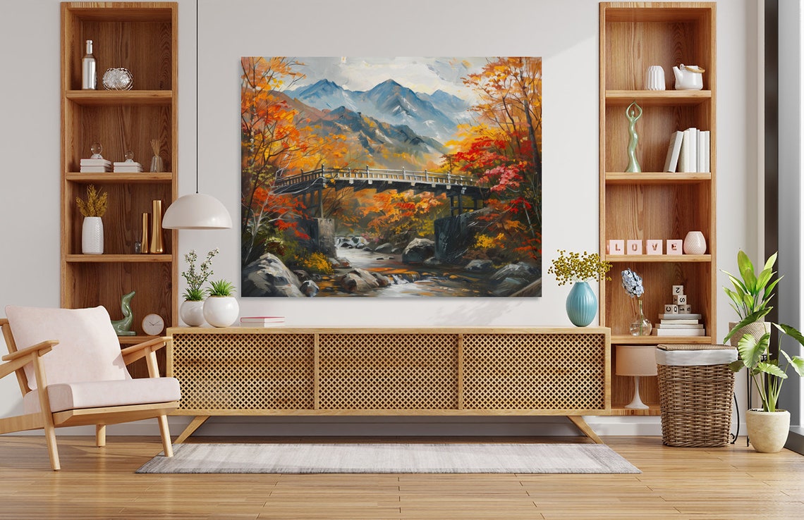 Bridge Mountain Landscape Painting Fall Colors River Scene Poster - Image 5