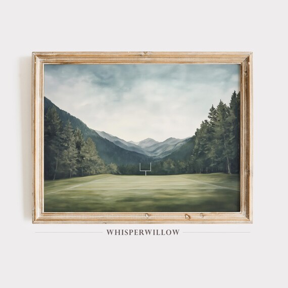 Mountain Football Field Landscape Painting Peaceful Scenic Art Rustic Mountain Wall Decor Sports Artwork