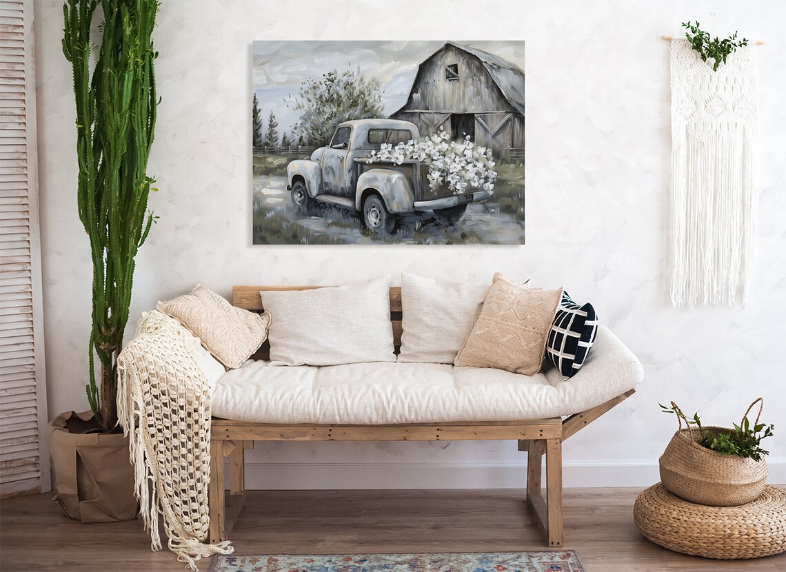 Vintage Farm Truck with Flowers Gray Tones Painting Scenic Poster - Image 4