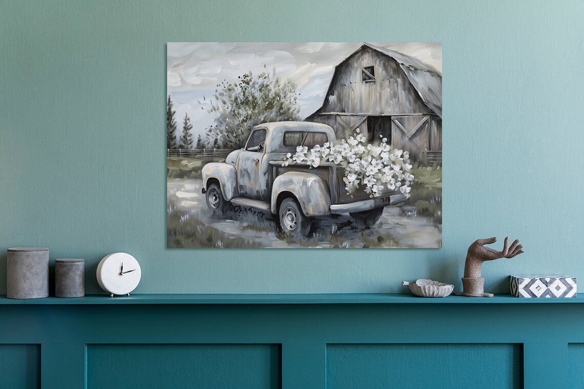 Vintage Farm Truck with Flowers Gray Tones Painting Scenic Poster - Image 3