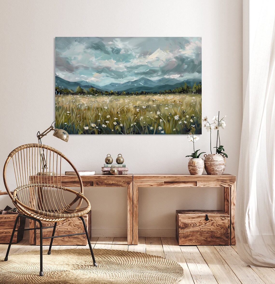 White Wildflowers and Mountains Oil Painting Art Print - Image 5