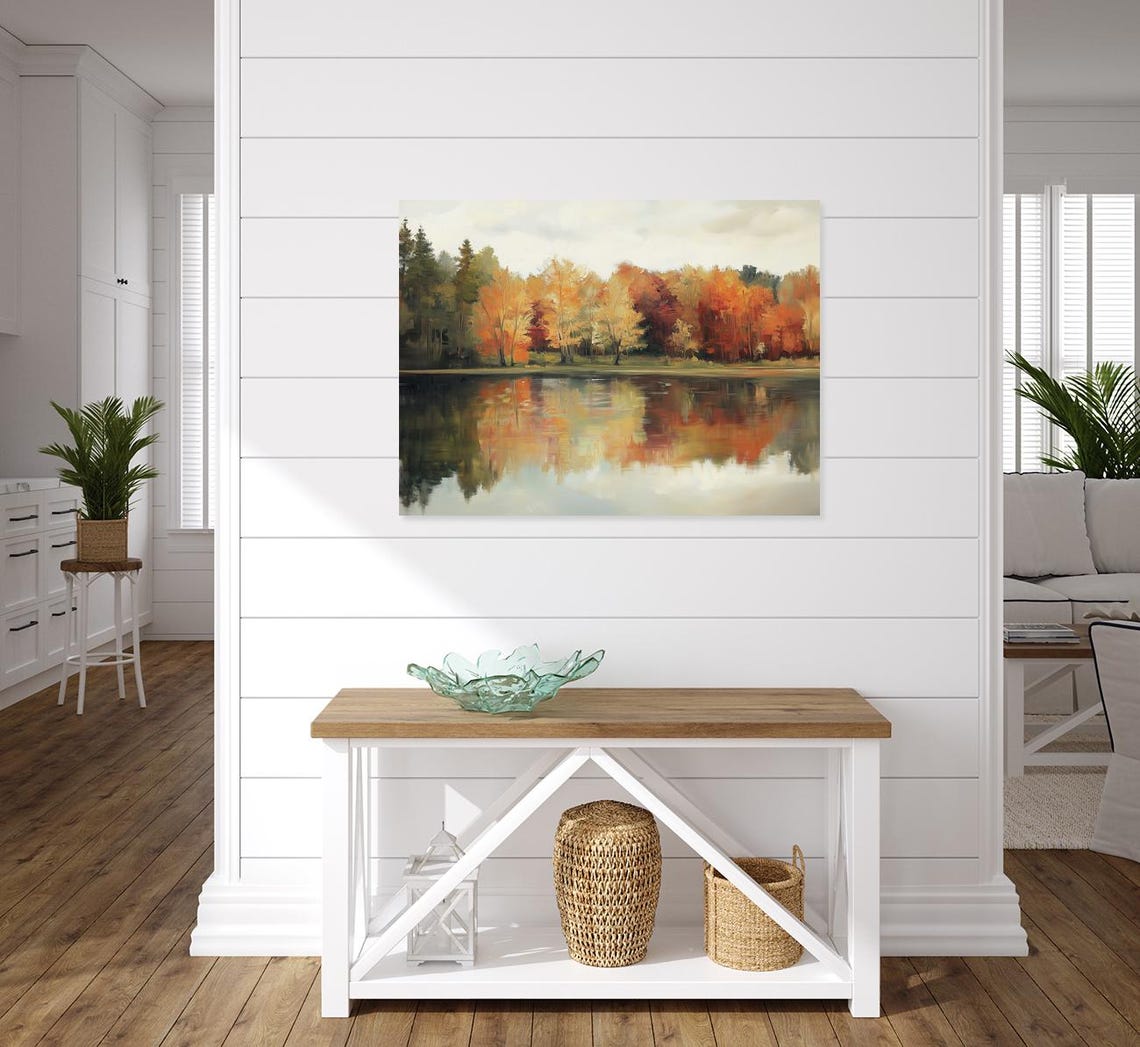 Autumn Lake Mirror Reflection Orange Foliage Vintage Painting Poster - Image 5