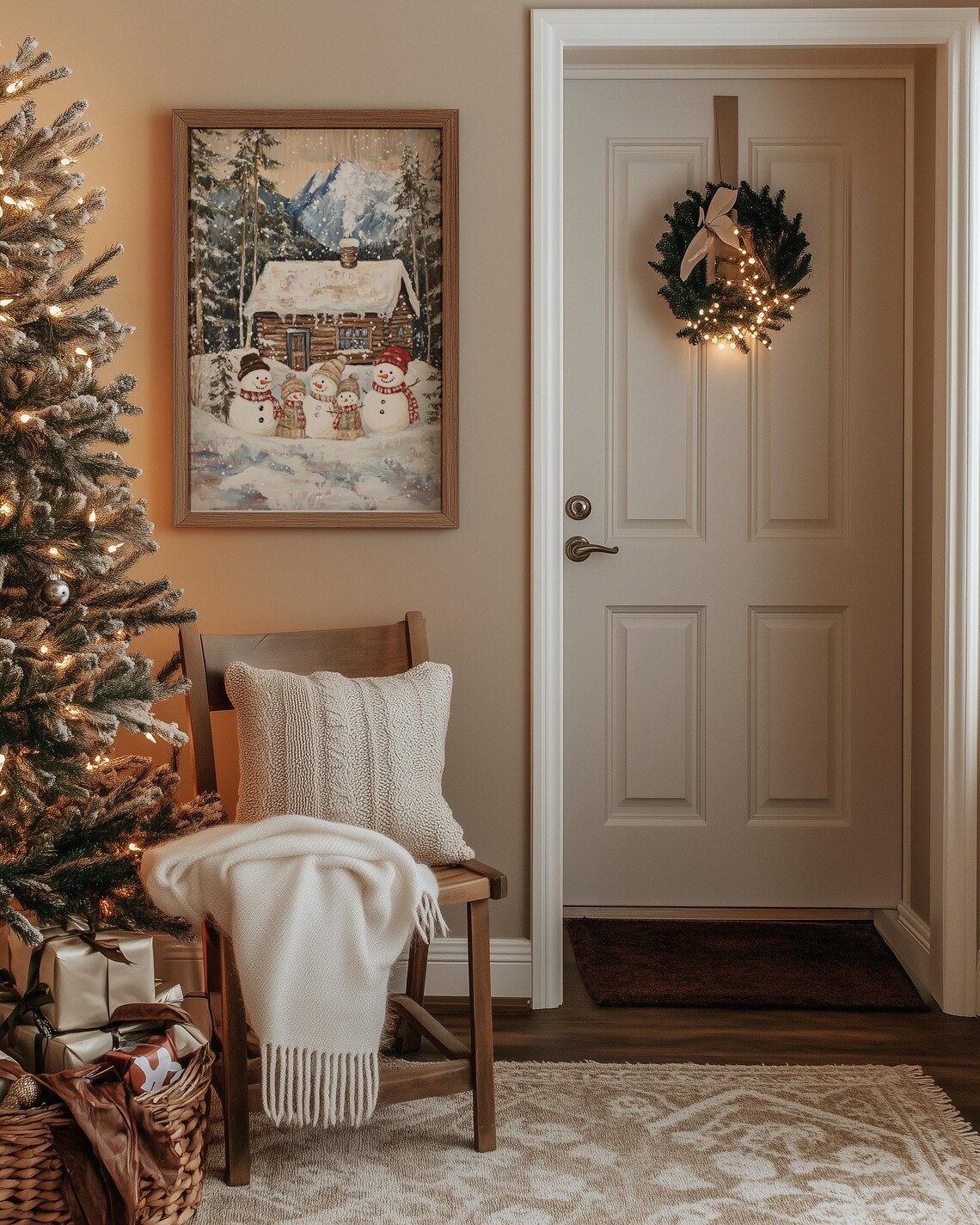 Winter Cabin Snowman Family Art Print, Holiday Landscape - Image 5