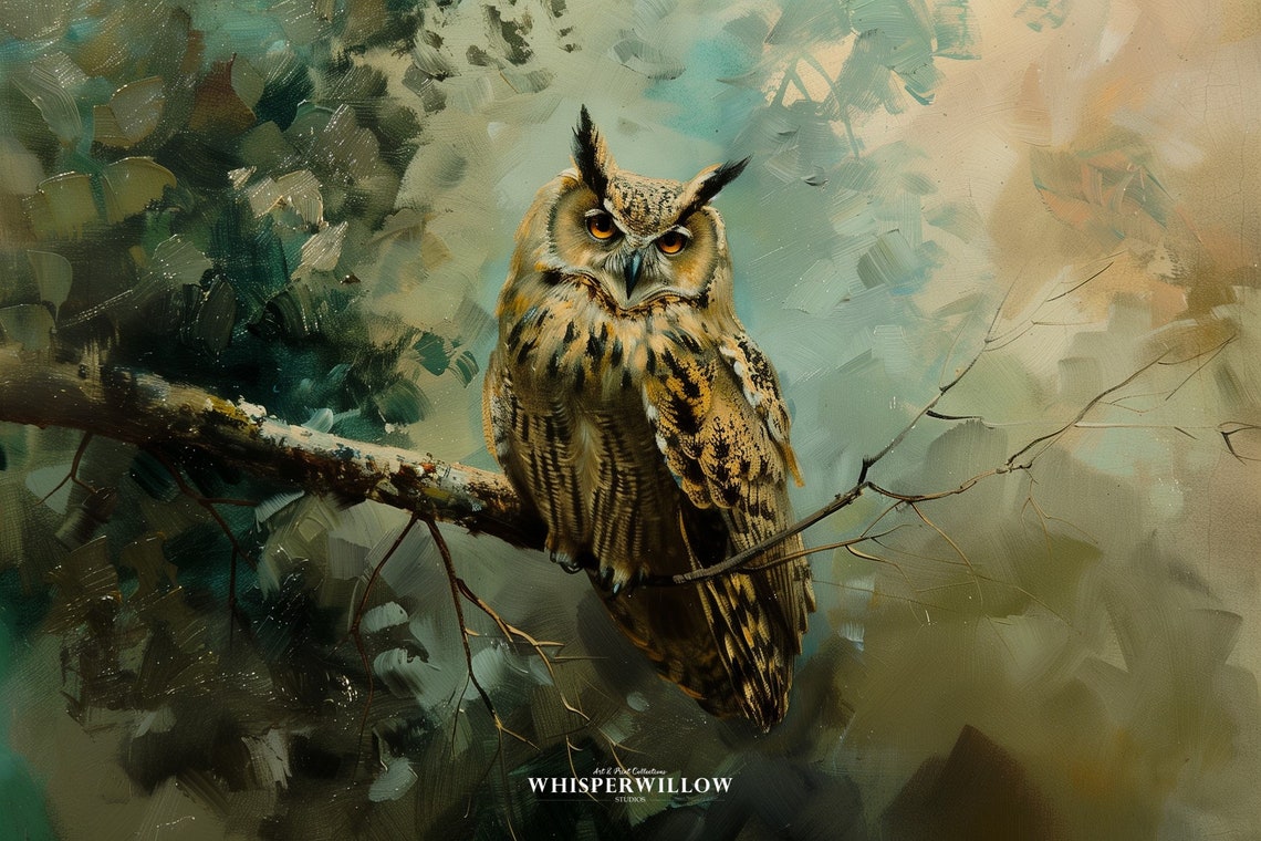 Great Horned Owl Perched on Branch Vintage Style Oil Painting Poster - Image 6