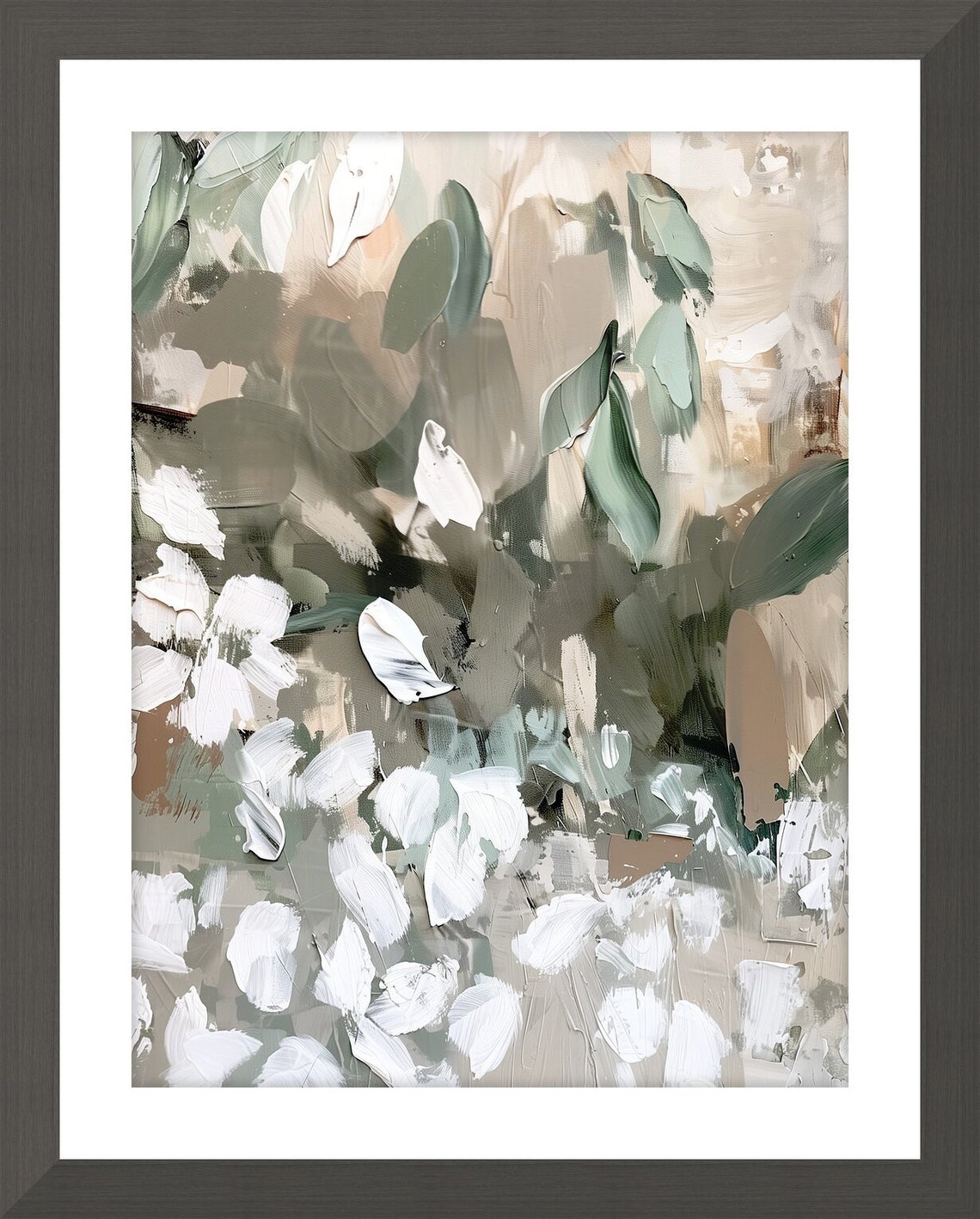Abstract White Blossoms In Sage And Beige Modern Floral Art Poster - Image 2