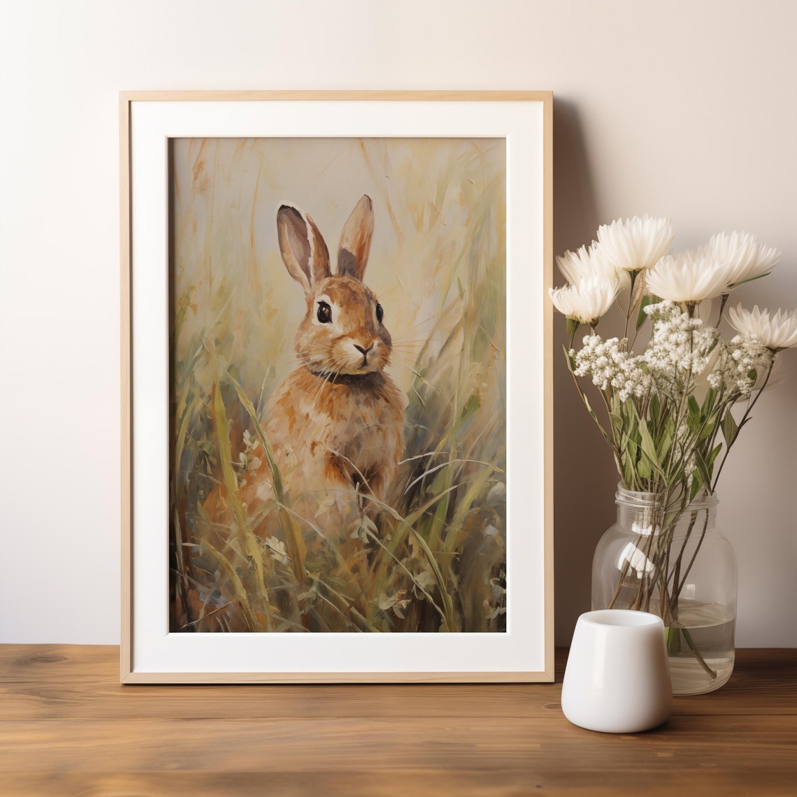 Curious Spring Bunny Oil Painting Cute Easter Rabbit Wall Art - Image 5