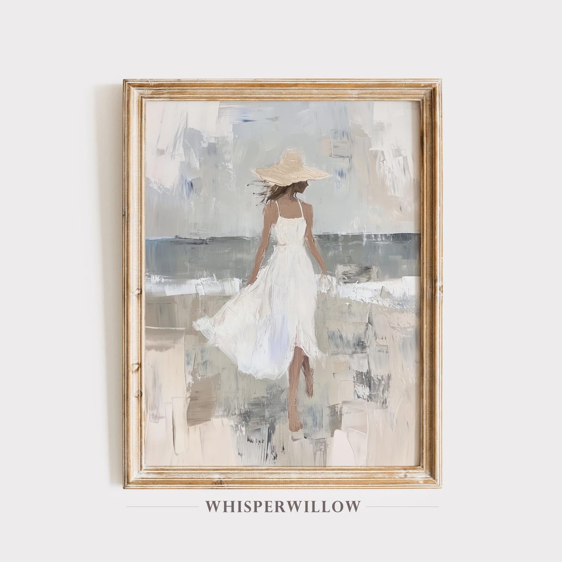 Woman in White Dress and Straw Hat on a Windy Beach Walk Poster