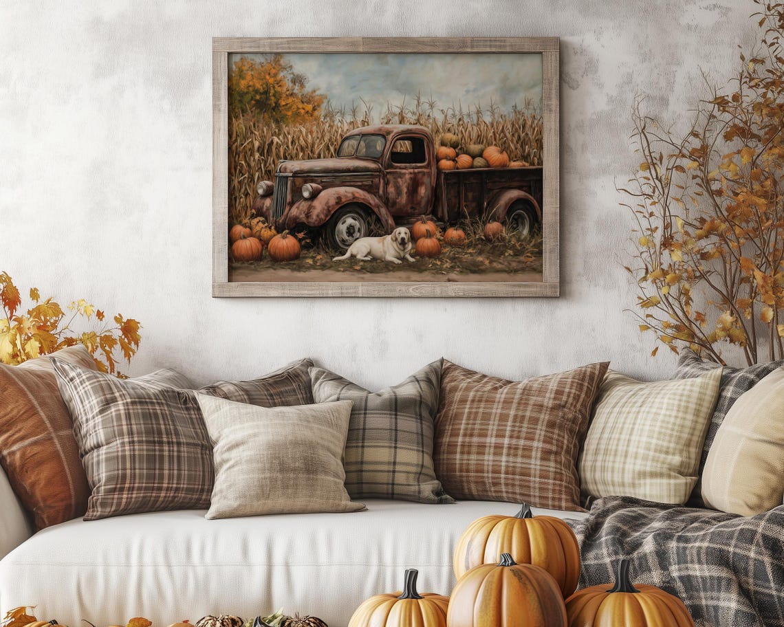 Vintage Pumpkin Truck with Labrador Dog in Autumn Cornfield Poster - Image 3