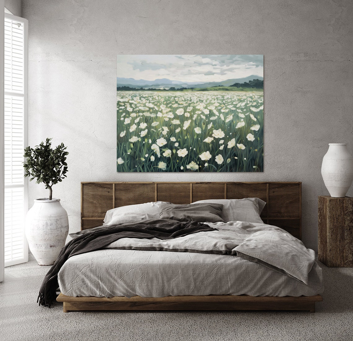White Poppy Meadow With Distant Mountains Serene Landscape Poster - Image 3