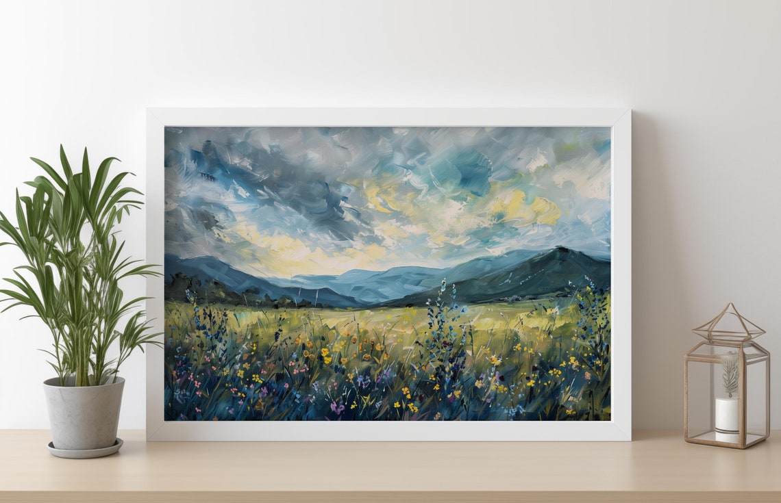 Wildflowers and Mountains Cool Blue Tones Oil Painting Poster - Image 3