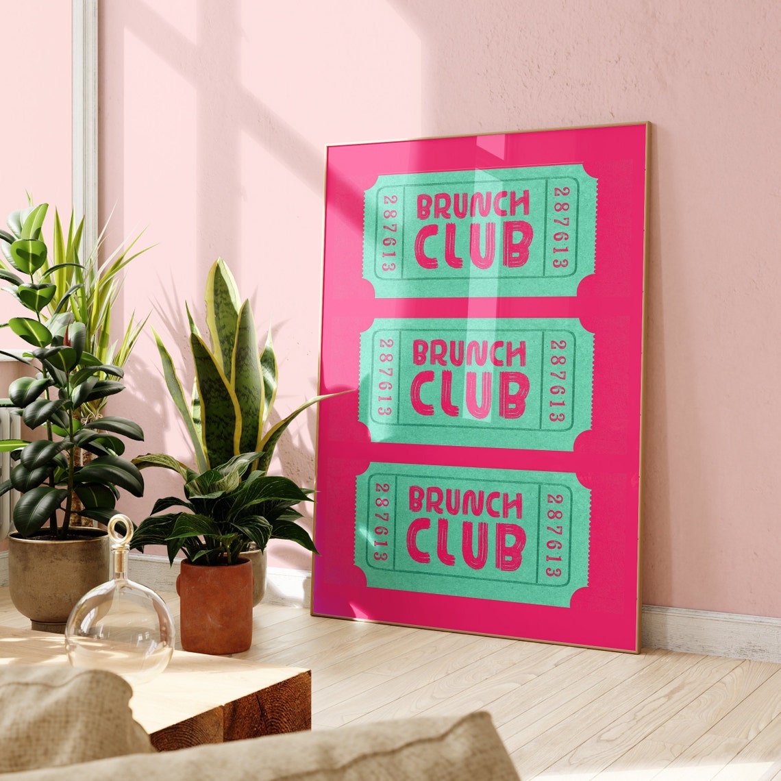 Brunch Club Retro Ticket Stubs Hot Pink Trendy Kitchen Art Poster