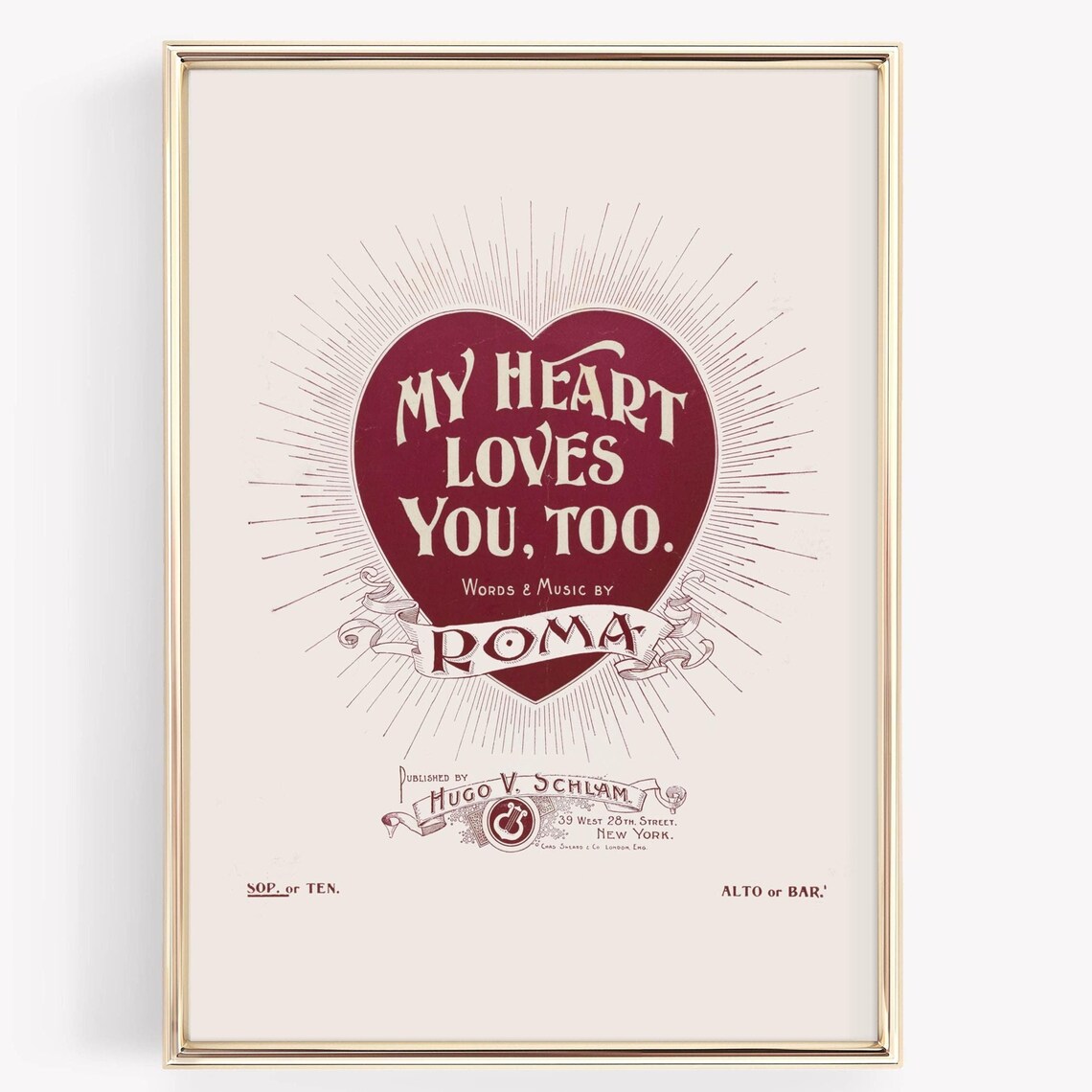 My Heart Loves You Too Roma Antique Heart Sheet Music Art Poster