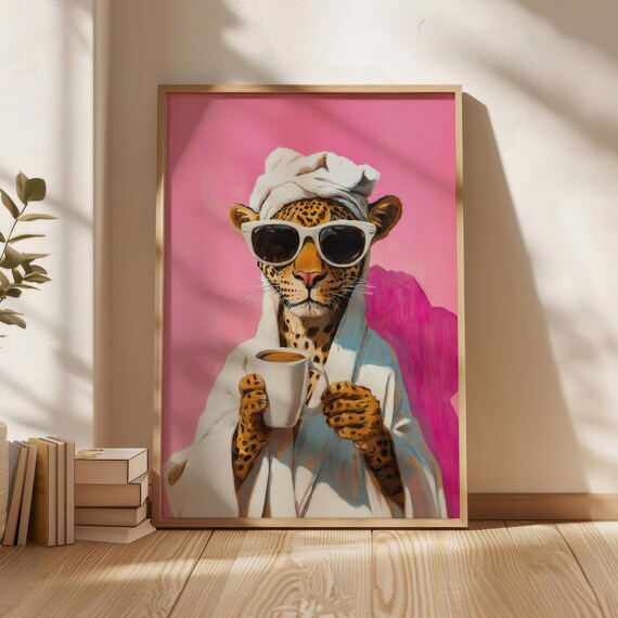 Lady Leopard Second Poster Coffee Wall Art Prints Pink Theme Design Bathroom Decor Bathrobe