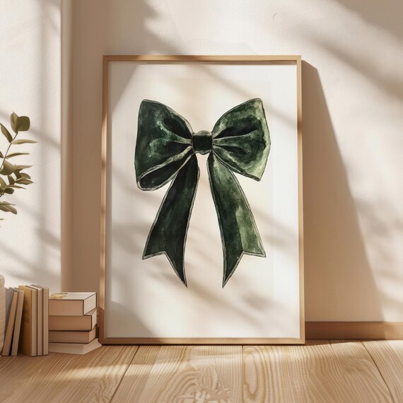 Dark Green Velvet Bow Watercolor Christmas Decorative Art Poster