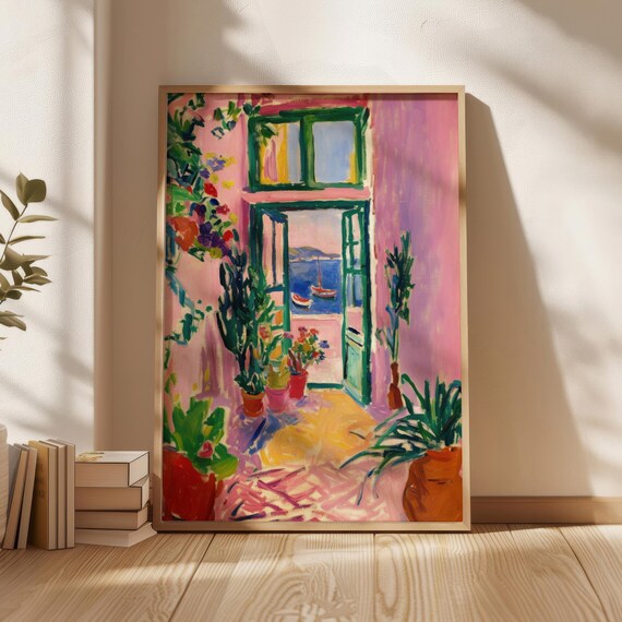 Fauvist Pink Interior Open Windows Harbor Boats Colorful Art Poster
