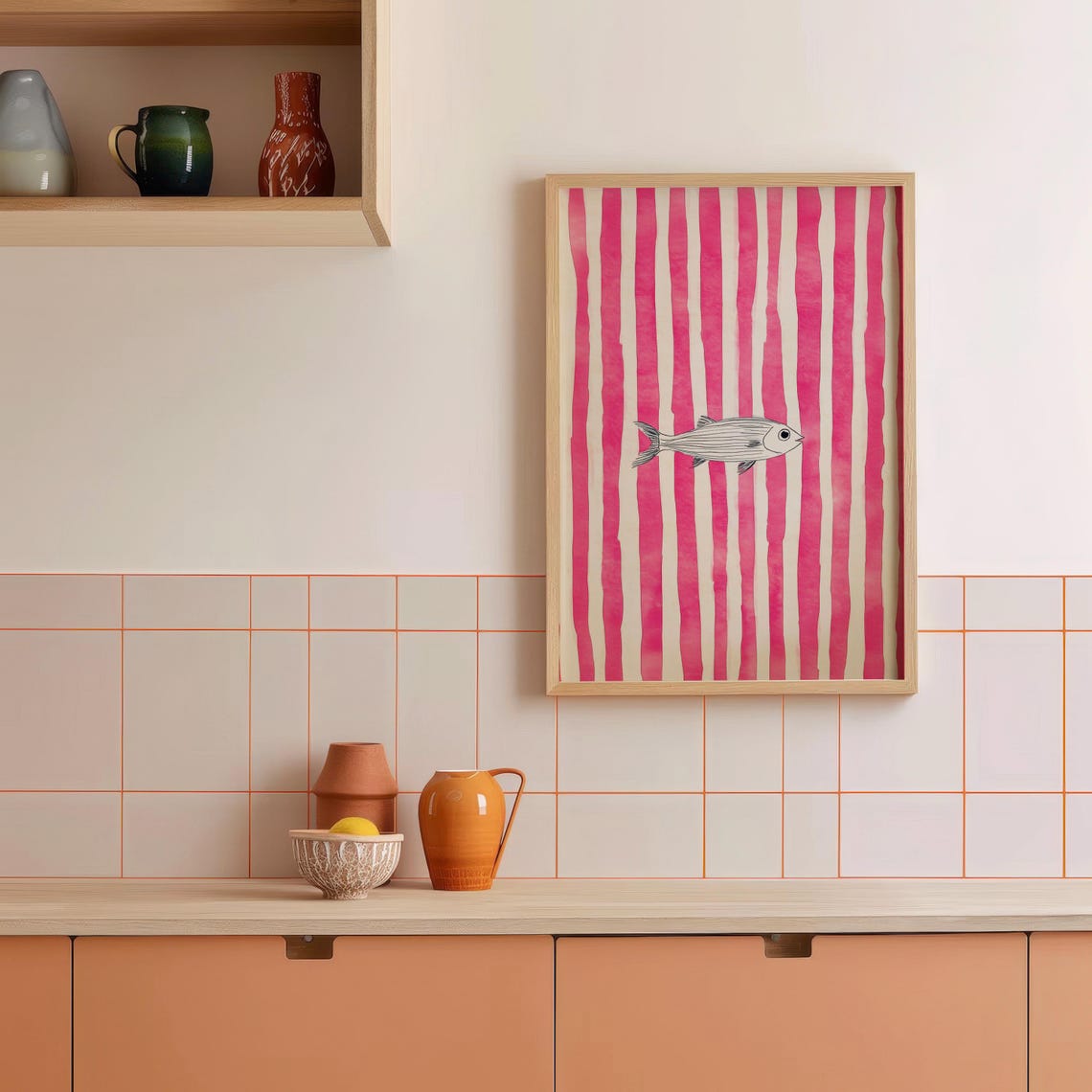 Sardine Fish Illustration Poster on Pink Striped Kitchen Wall